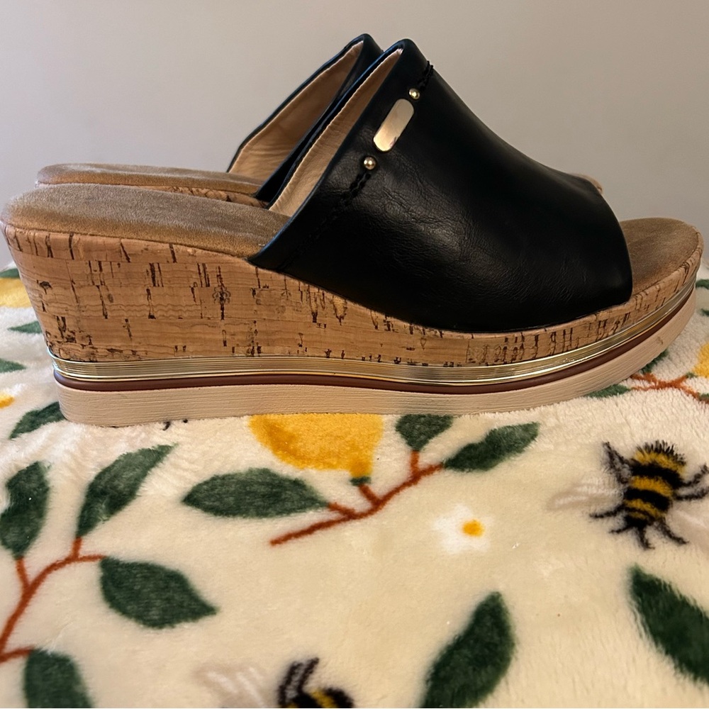 Extreme By Eddie Marc Black Leather Slip On Wedge Sandal